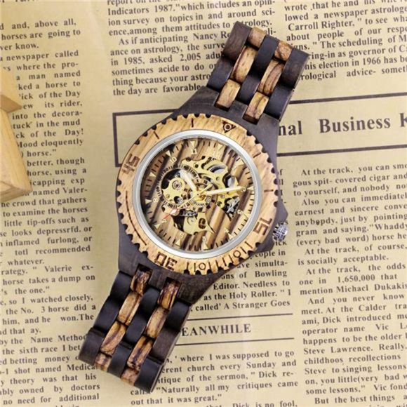 Men's Wooden Watch Skeleton Automatic Movement Wood Watch Self-Winding Watches - Picture 4 of 7